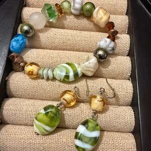 Handmade Murano Style Glass Bead Bracelet & Dangle Earrings Set - Green/Amber
